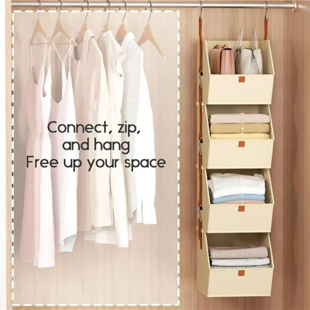 Hanging closet organizer 4 tier shelves with fabric storage bins bedroom dorm RV